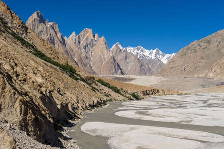 Trango tower family, Lobsang spire and river, K2 trek, Pakistan, Asiaの写真素材