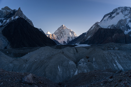 K2 mountain peak at sunrise, second highes mountain in the world, Karakoram range, Pakistan, Asiaの写真素材