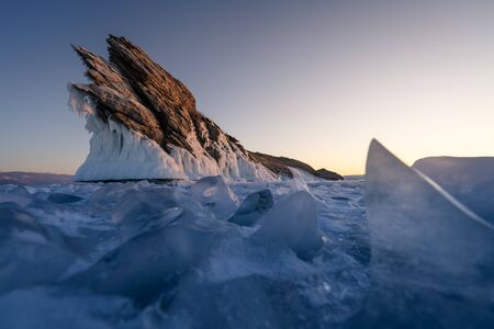 Ogoy island in Baikal frozen lake in winter season in a morning sunrise, Siberia, Russia, Asiaの写真素材