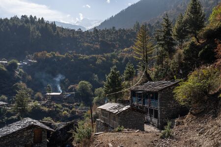 Old village in Manaslu circuit trek, Himalaya mountain range, Nepal, Asiaの写真素材
