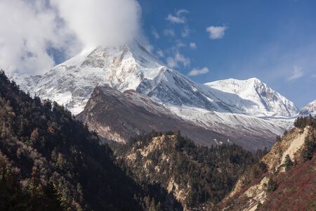 Manaslu mountain peak, eighth highest peak in the world, Himalayas mountain range in Nepal, Asiaの写真素材