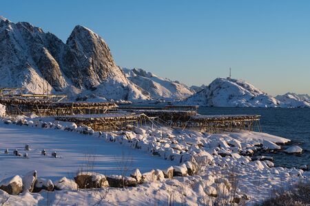 Stock fish wooden rack in Lofoten island in winter season, Norway, Scandinavia, Europeの写真素材