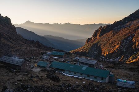 Chatrabuk village at sunrise in Mera peak climbing route, Himalaya mountain s range in Nepal, Asiaの写真素材