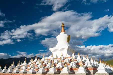 Namgyal tallinn, traditional Tibetan buddhist style white pagoda with flower in Daocheng, Ganzi, Sichuan, China, Asiaの写真素材