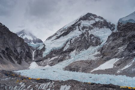 Campsite at Everest base camp surrounded by Himalaya mountains range, Nepal, Asiaの写真素材