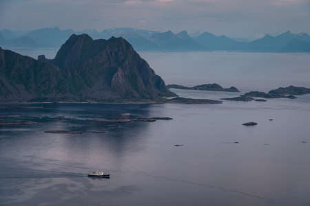 Beautiful landscape of mountains and fjord near Svolvaer town in summer season in the evening, Norway, Scandinavia, Europeの写真素材