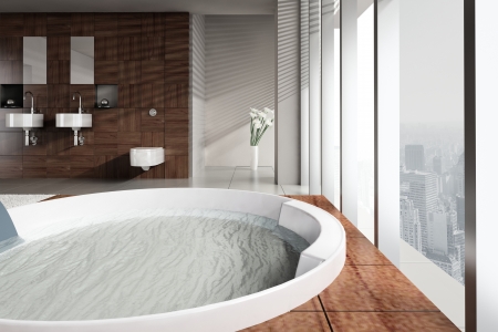 A 3d rendering of modern bathroom with double basin and bathtubの写真素材