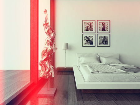 Nice bedroom interior with modern furniture and cozy bedの写真素材
