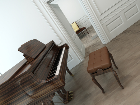 Oblique view of a vintage interior with a classical brown grand piano, an adjustable chair and an open white door towards another roomの写真素材