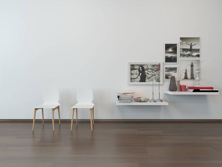 Close-up of two white chairs against white wall and sideboard with nice decorationの写真素材
