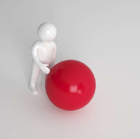 3d character standing sideways touching a large red ball or sphere on a grey background with...