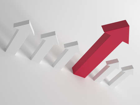 Single larger taller red arrow amongst white arrows pointing upwards in a concept of individuality, choices, success and growthの写真素材