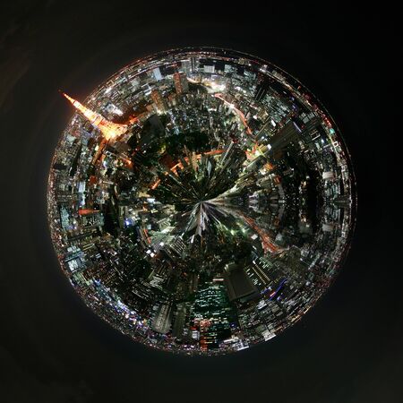 Aerial 360 degree view of Tokyo, Japan at night with illuminated buildings , landmarks and skyscrypers and traffic light trails on the streets on a mini planet floating in a dark skyのeditorial素材