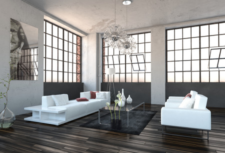 Spacious high volume modern living room interior with huge revolving cottage pane windows and a...