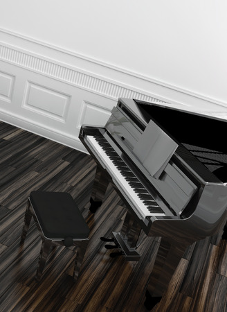 High angle view of an open grand piano with a view of the keyboard on a wooden parquet floor in a white paneled roomの写真素材