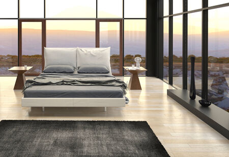 3D rendering of modern bedroom with landscape view