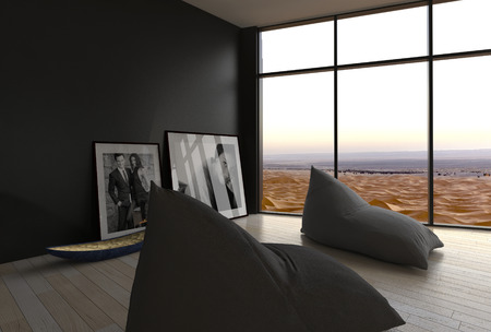 Stylish Architectural House Room Design with Frames and Pillows on Floor. Perfect Place for Chilling...