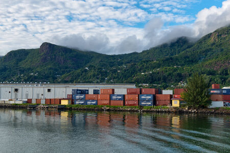 Cargo Containers Stacked Waterside at Victoria Harbor, Seychelles