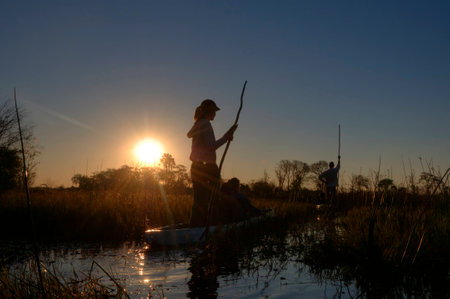 Fishermen rowing a boatの写真素材