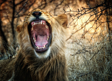 Lion lying on grass in Zimbabwe, Africaの写真素材