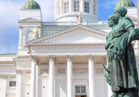 Statue in front of the Helsinki Cathedral in Helsinki, Finlandの写真素材