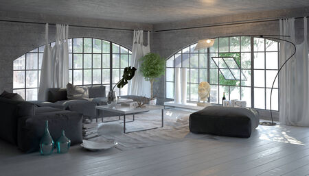 Modern living room interior with large arched windows overlooking a garden with stylish grey and white decor and houseplantsのeditorial素材