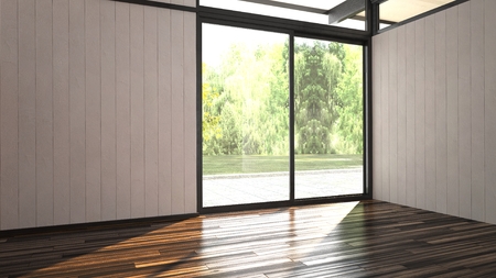 Architectural background of an airy bright empty unfurnished room with hardwood floor and white painted timber clad walls and a large floor-to ceiling window overlooking a lush green gardenのeditorial素材
