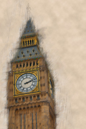Artistic blurred,vintage paint effect view of Big Ben, London with the emphasis and clarity to the details of the dial and clock face of the clock tower, with copyspaceの写真素材