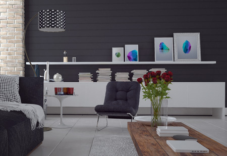 Comfortable simple black and white living room interior with a sofa, chair, cabinet with books and...