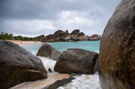 Plenty of Granite Boulders at the Beautiful Beach in Virgin Gorda Island of Caribbean Under Stormy...