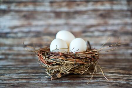 Close up Shot of Conceptual Three Chicken Eggs in a Small Nest on Top of a Wooden Table with Fuzzy Hair.の写真素材