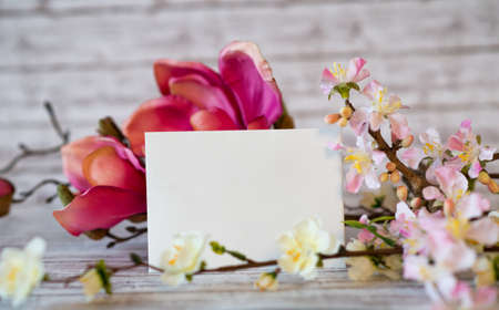 Blank Horizontal Card with Copy Space for Personal Message Surrounded by Yellow and Pink Spring...