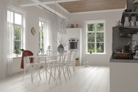 Open-plan spacious white kitchen and dining room interior in a loft with ceiling beams, bright...