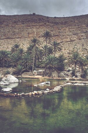 Wadi Bani Khalid Oasis Amidst Hills and Palm Trees with Rock Features, outside of Muscat, Omanの写真素材