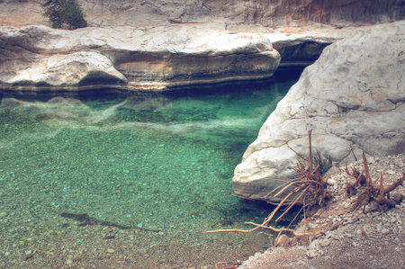 Detail of Emerald Green Waters Along Shoreline of Wadi Bani Khalid Outside of Muscat, Omanの写真素材