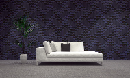Spacious Modern Architectural Living Area with White Sofa and Plant on Vase, Designed with Abstract...