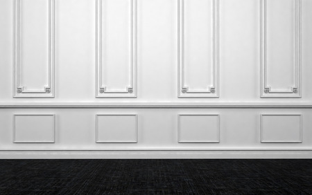 Home Interior of Empty Room with White Wall Decorated with Panelling and Dark Hard Wood Floorの写真素材