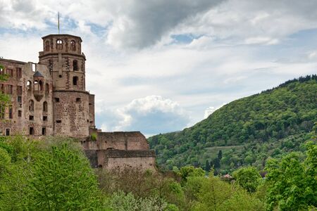Historic Ruins of Heidelberg Castle Nestled in Lush Green Hillsides Overlooking Heidelberg, Baden-Wurttemberg, Germanyのeditorial素材