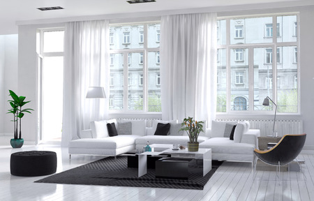 Modern spacious airy living room interior with white and black decor with an upholstered suite below...