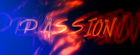 Panoramic View of Red Neon Passion Sign, Concept Image with Flames Illustrating Desireの写真素材