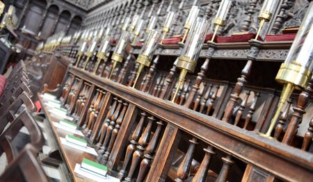 Tilted Detail of Ornate and Intricately Carved Choir Area of Interior of Kings College Chapel, University of Cambridge, Englandのeditorial素材