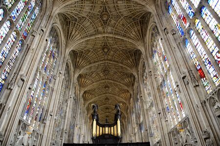 Interior of Kings College Chapel Looking Up at Worlds Largest Fan Vault Ceiling with View of Organ in Foreground, University of Cambridge, Englandのeditorial素材