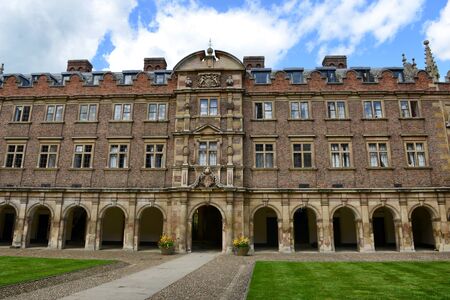 Exterior Facade of Historic Building with Arched Colonnade as seen from Interior of Courtyard, St Johns College, University of Cambridge, Englandのeditorial素材