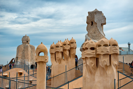 BARCELONA, SPAIN - MAY 01. Gaudi Chimneys at Casa Mila (also known as La Pedrera) on May 1, 2015 in Barcelona. Terrace of the Casa Mila, with chimneys shaped anthropomorphic soldiers, created by Gaudiのeditorial素材
