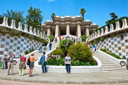 BARCELONA, SPAIN - MAY 02: Great Entrance and Terrace at Parc GÃ¼ell (Parc Guell) in May 02, 2015 in Barcelona, Spain.のeditorial素材