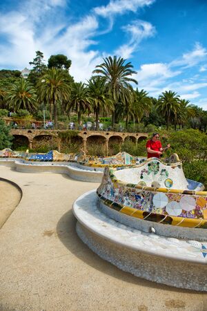 BARCELONA, SPAIN - MAY 02: Main Terrace at Parc Guell in Barcelona, Spaincentral terrace, with serpentine seating round its edge in May 02, 2015 in Barcelona, Spain.のeditorial素材