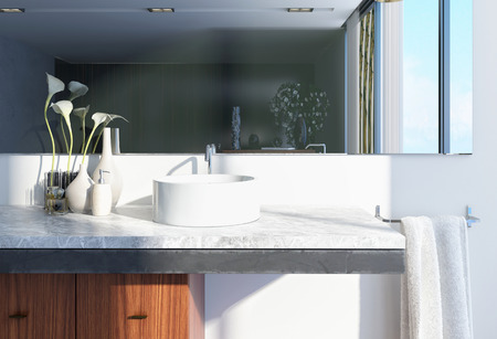 Modern Architectural White Home Washroom Interior Design with Round Basin, Large Mirror and Vases with Flowers.のeditorial素材