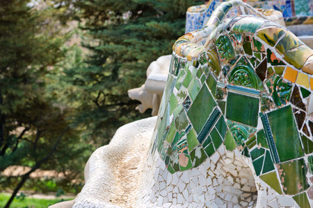 BARCELONA, SPAIN - MAY 02: GaudÃ­'s mosaic work on the main terrace at Parc Guell. Park GÃ¼ell is a public park system composed of gardens and architectonic elements. Barcelona, Spain, May 02 2015のeditorial素材