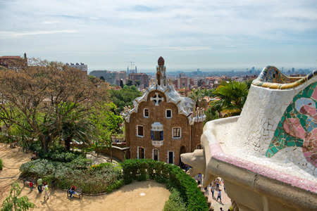 BARCELONA, SPAIN - MAY 02: Pavilion at the entrance of Parc GÃ¼ell in May 02, 2015 in Barcelona,...