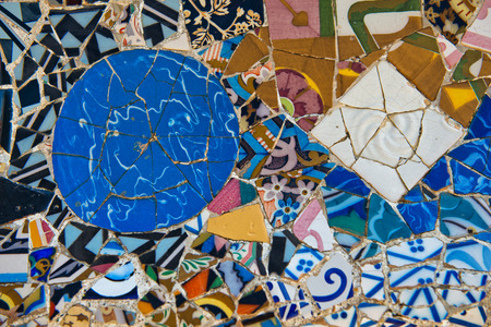 BARCELONA, SPAIN - MAY 02: GaudÃ­'s mosaic work on the main terrace at Parc Guell. Park GÃ¼ell is a public park system composed of gardens and architectonic elements. Barcelona, Spain, May 02 2015のeditorial素材